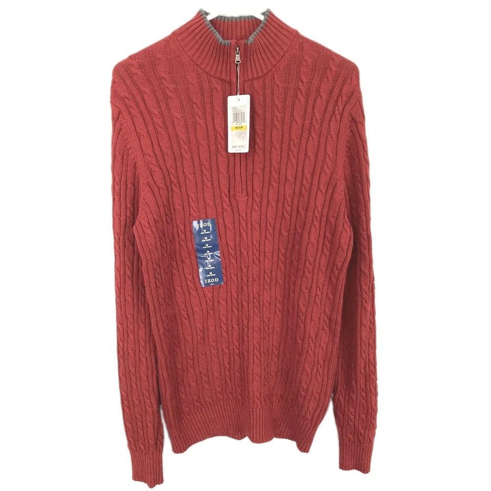 IZOD Sweater Mens M Red Dahlia Cable Knit Cotton 1/4 Zip Mock Neck Pullover NWT